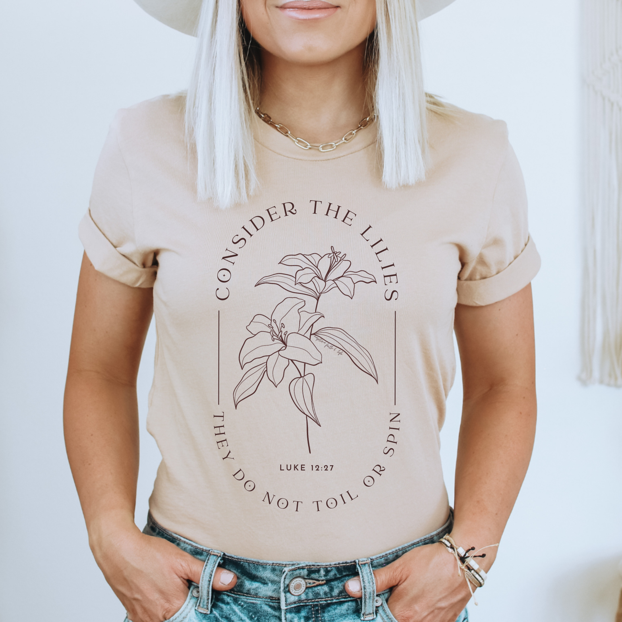 Faith & Life Christian Brands - Wholesale Screen Printed T-Shirt - Women's - Consider The Lilies Mother's Day Christian Graphic Tee3