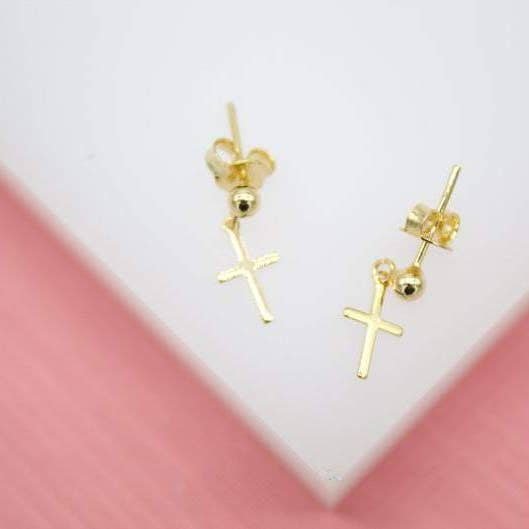 Boucles d'oreilles pendantes à tige en forme de croix remplies d'or 18 carats (L24) pour la vente par MIA Jewelry