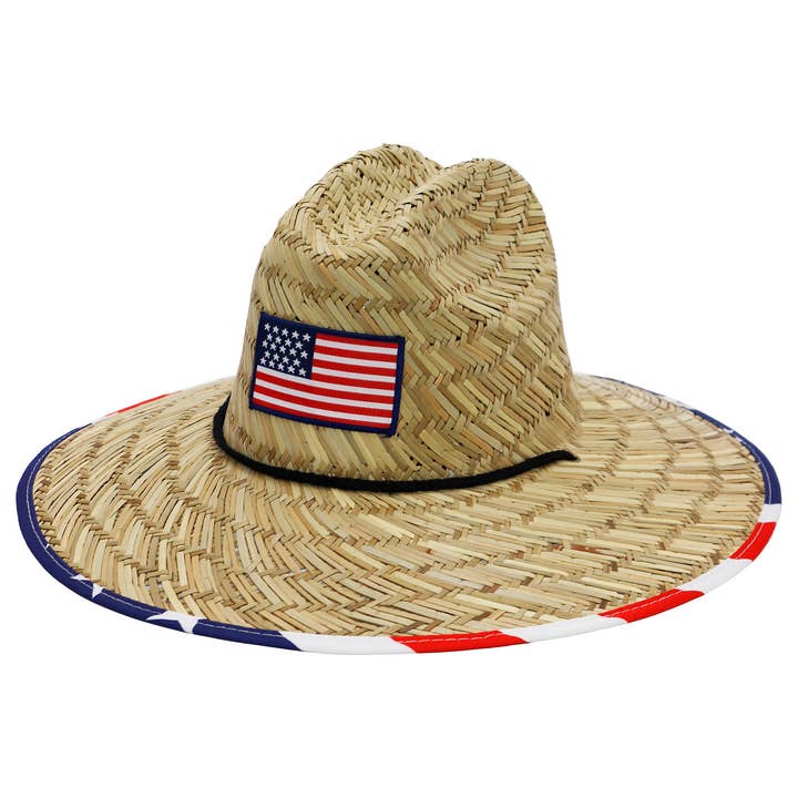 Cap Zone - Wholesale Straw Hat - Unisex - American Flag Under Brim Rush Straw Lifeguard Hat1