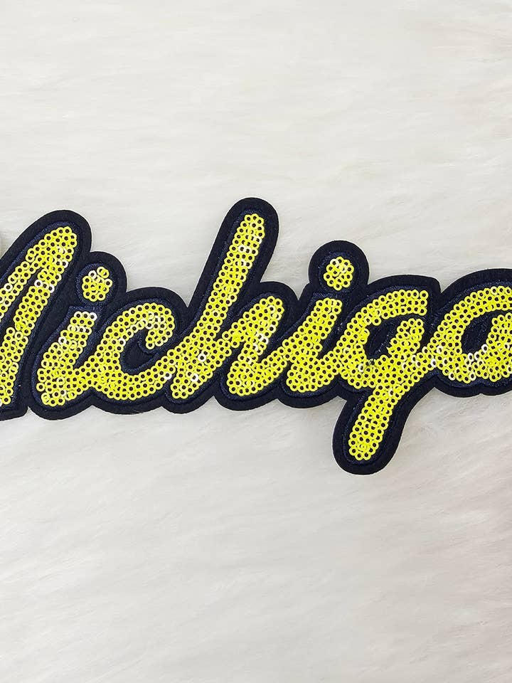 Large Michigan Blue and Yellow Sequin Iron On Patch for wholesale by Scratch Decor