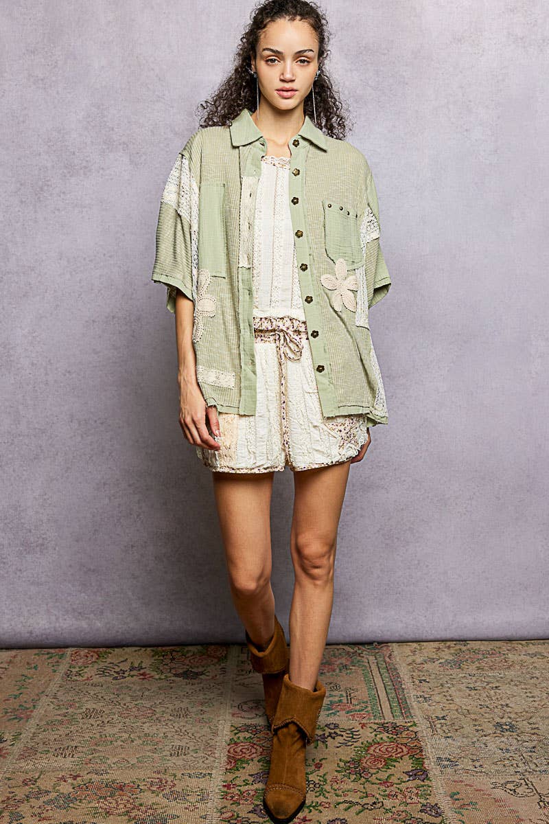 Pol Clothing - Wholesale Button Down Shirt - Women's - Collared Studded Button-down Short Sleeve Knit Shirt Top8