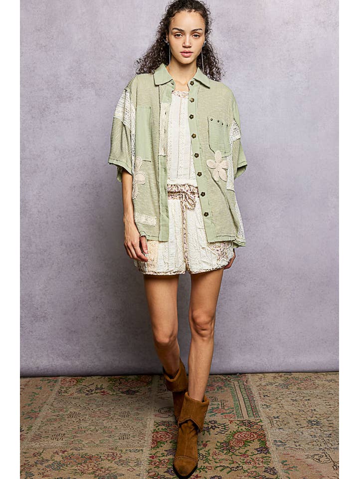 Pol Clothing - Wholesale Button Down Shirt - Women's - Collared Studded Button-down Short Sleeve Knit Shirt Top8