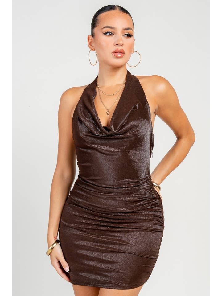 PRIVY - Wholesale Dress - Women's - Cowl Halter Neck Asymmetrical Hem Mini Dress