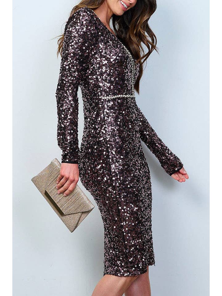 ROUSSEAU - Wholesale Dress - Women's - LONG SLEEVES V-NECK BODYCON SEQUINS MIDI DRESS