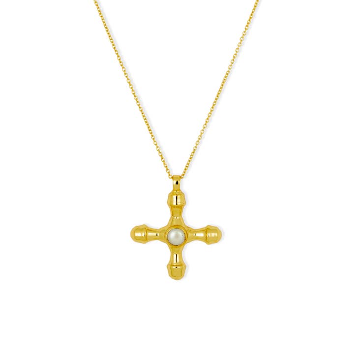Clemente Gold Pearl Cross Pendant Necklace for wholesale by Ashiana London