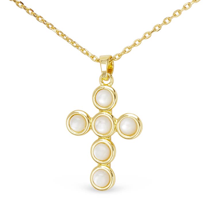 Gold MOP Circle Set Cross Necklace for wholesale by Amanda Blu