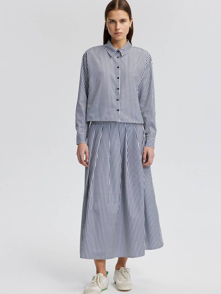 STRIPED COTTON PLEATED SHIRT & SKIRT SET - NAVY BLUE CO-ORD for wholesale by Touché Privé