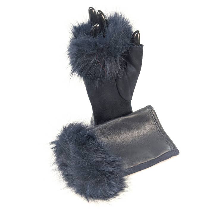 Vegan Leather and Faux Fur Fingerless Gloves - Navy Blue for wholesale by Black Ginger