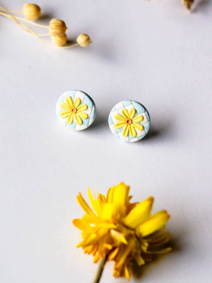 Small Daisy Flower Checkerboard Polymer Clay Stud Earrings for wholesale by Slow Day Studios