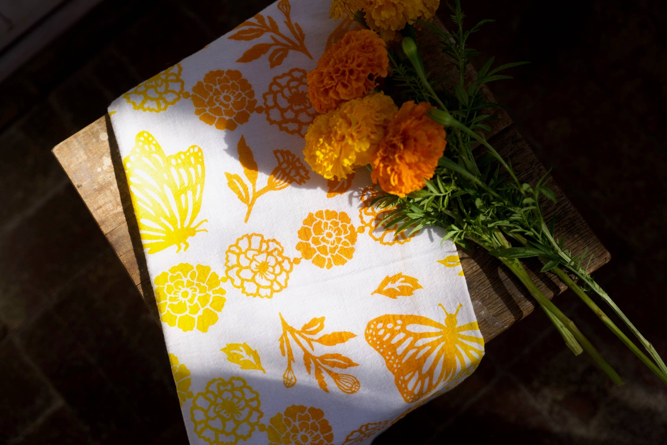 Two Tone Yellow Flour Sack Dish Towel - Monarchs & Marigolds for wholesale on Faire1