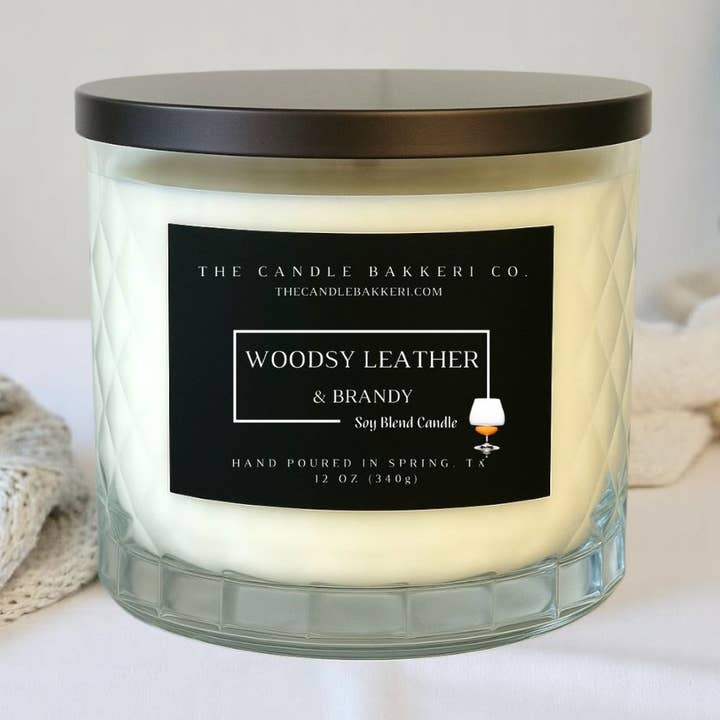 Woodsy Leather & Brandy 3 Wick Candle for wholesale by The Candle Bakkeri Co.