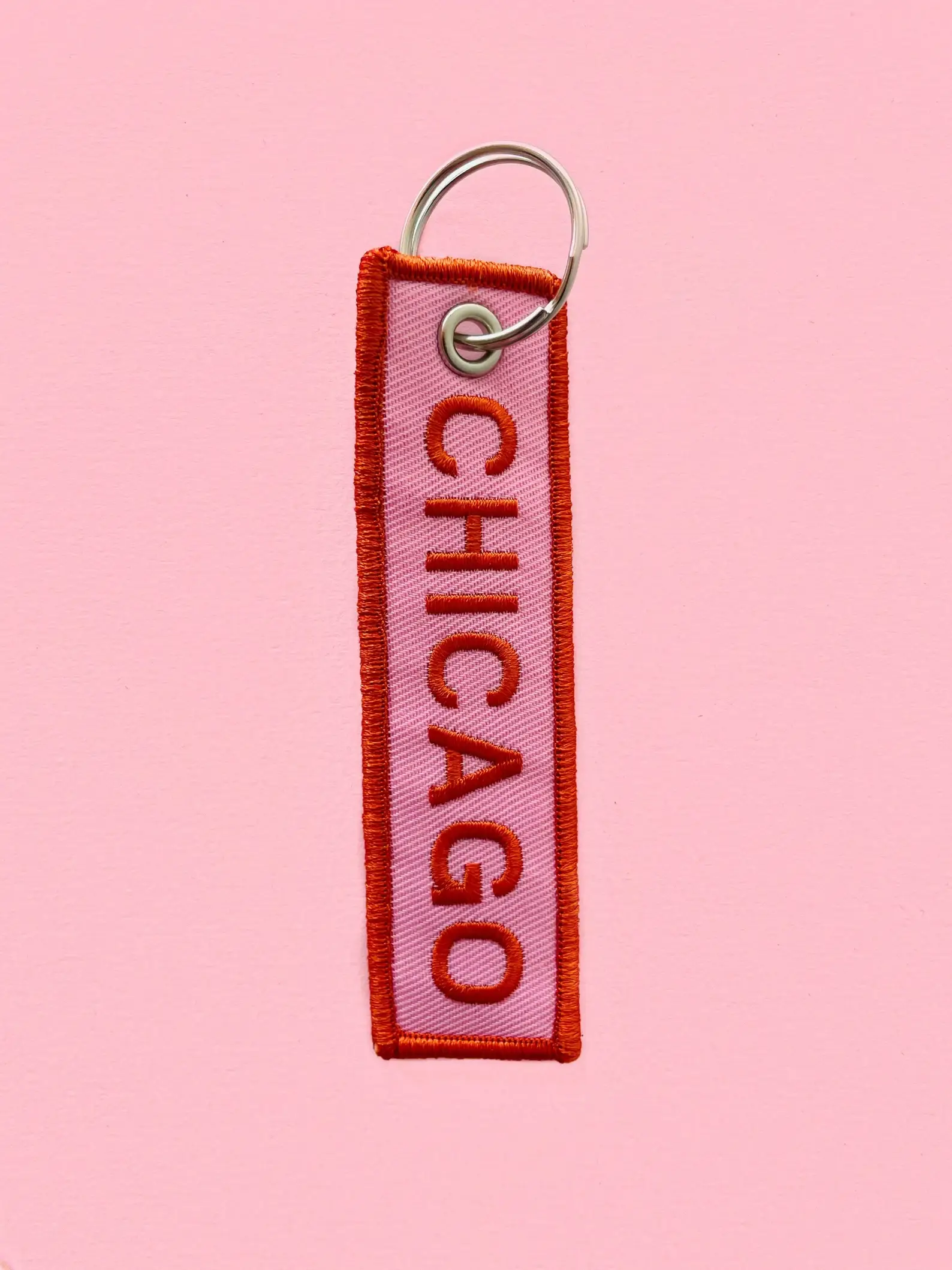Unexpected Flair – wholesale Keychain – Unisex – Chicago Embroidered Keychain - Orange & Pink0