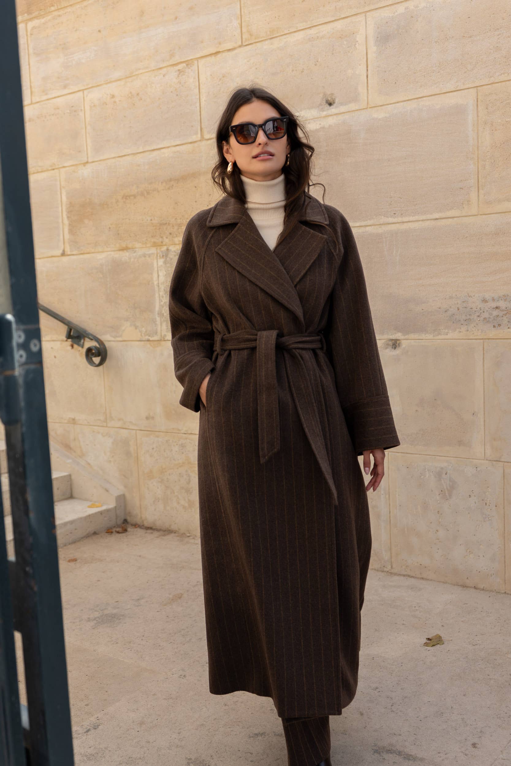 Attentif Paris - Wholesale Coat - Women's - Long coat in fine striped wool blend12