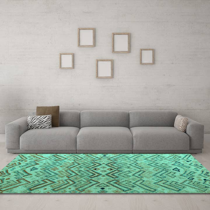 Tapis moderne de couleur turquoise abstraite lavable en machine pour la vente par Ahgly