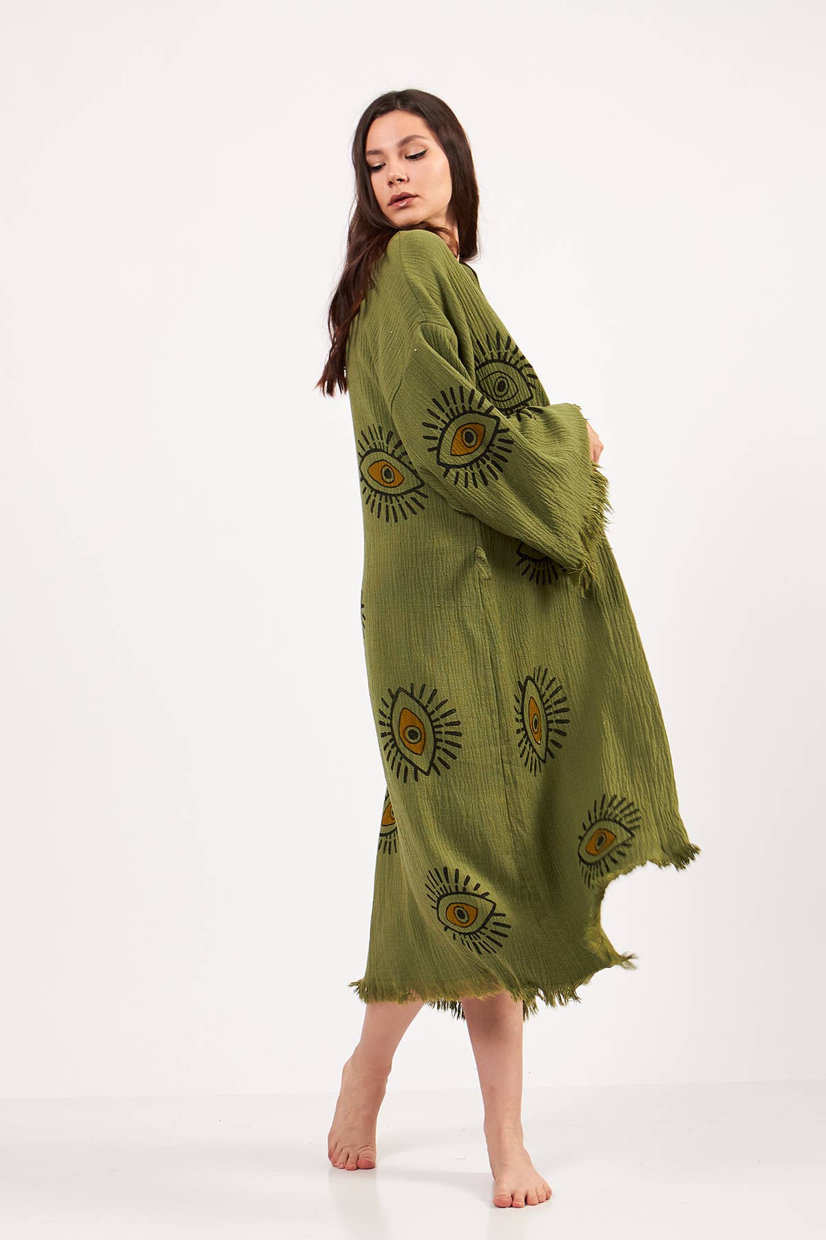 Yaz Concepts - Wholesale Kimono - Women's - Turkish Evil Eye Print Olive Green Robe Festival Kimono 13