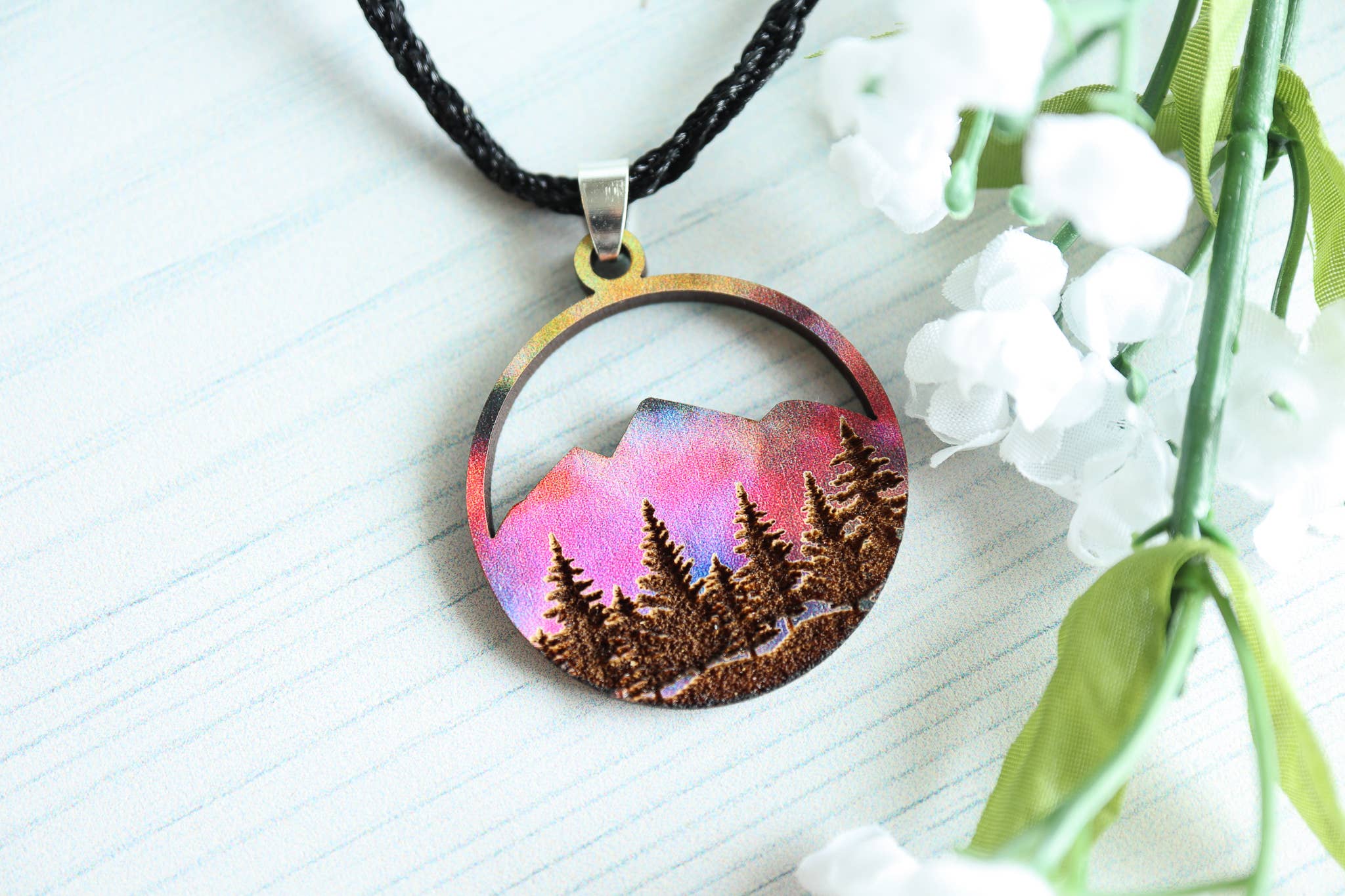Nine Mile Creative - Wholesale Pendant/Charm Necklace - Aurora Mountains Wood Pendant Adjustable Necklace8