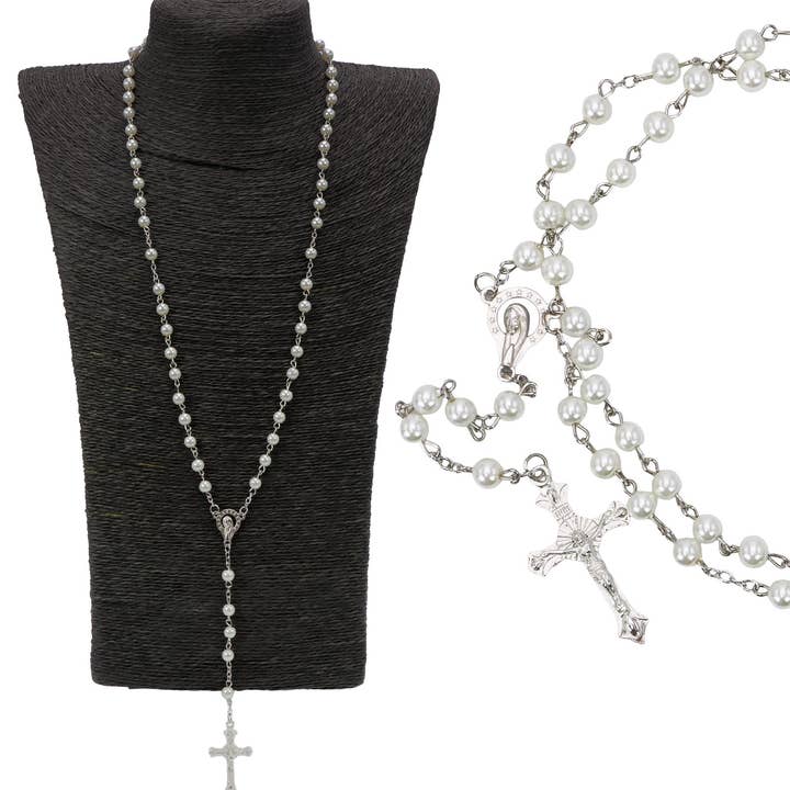 AS SHOWN True Cross White Prayer Beads Rosary Necklace for wholesale on Faire