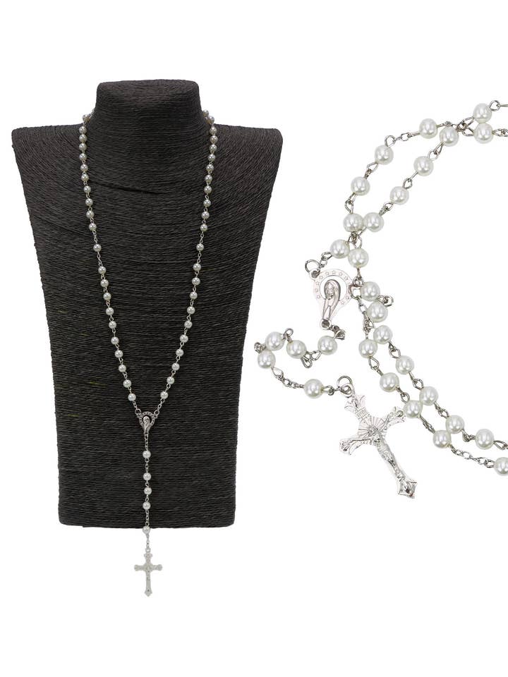 True Cross White Prayer Beads Rosary Necklace for wholesale by Cap Zone