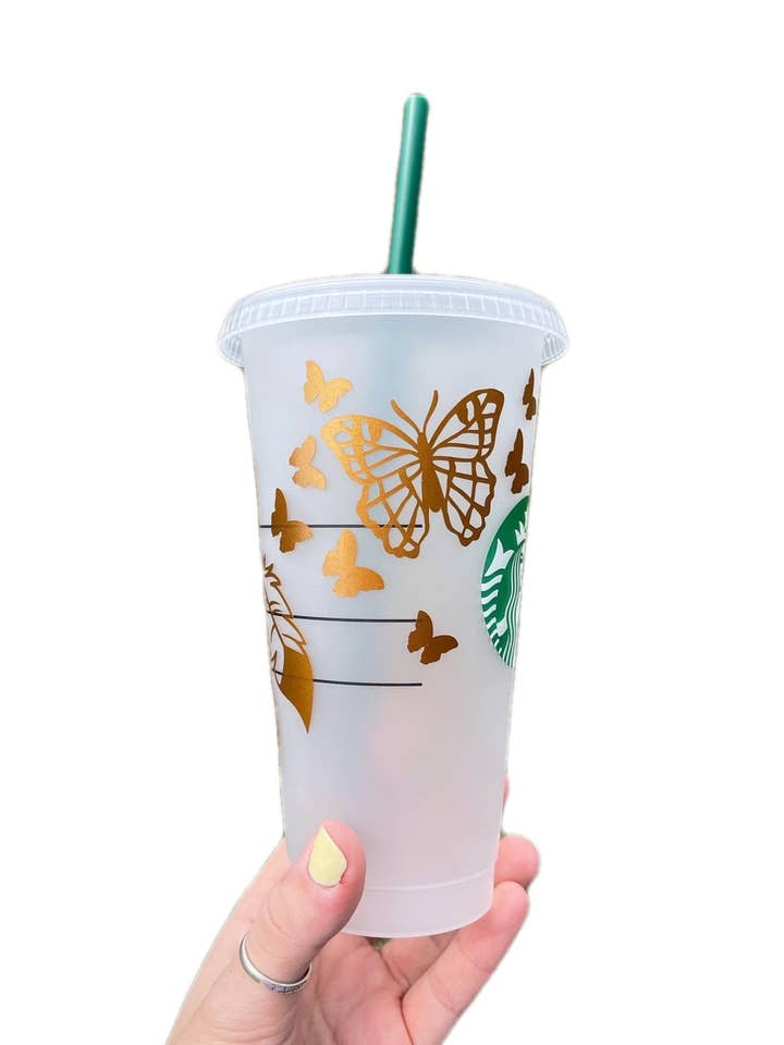 Starbucks Tumbler med Guld Butterfly Dreamcatcher Genanvendelig Venti Cold Travel Tumbler til Ice Coffee Sodavand Cup Lærer Mor Dag for engroshandel hos 3RVinylShop