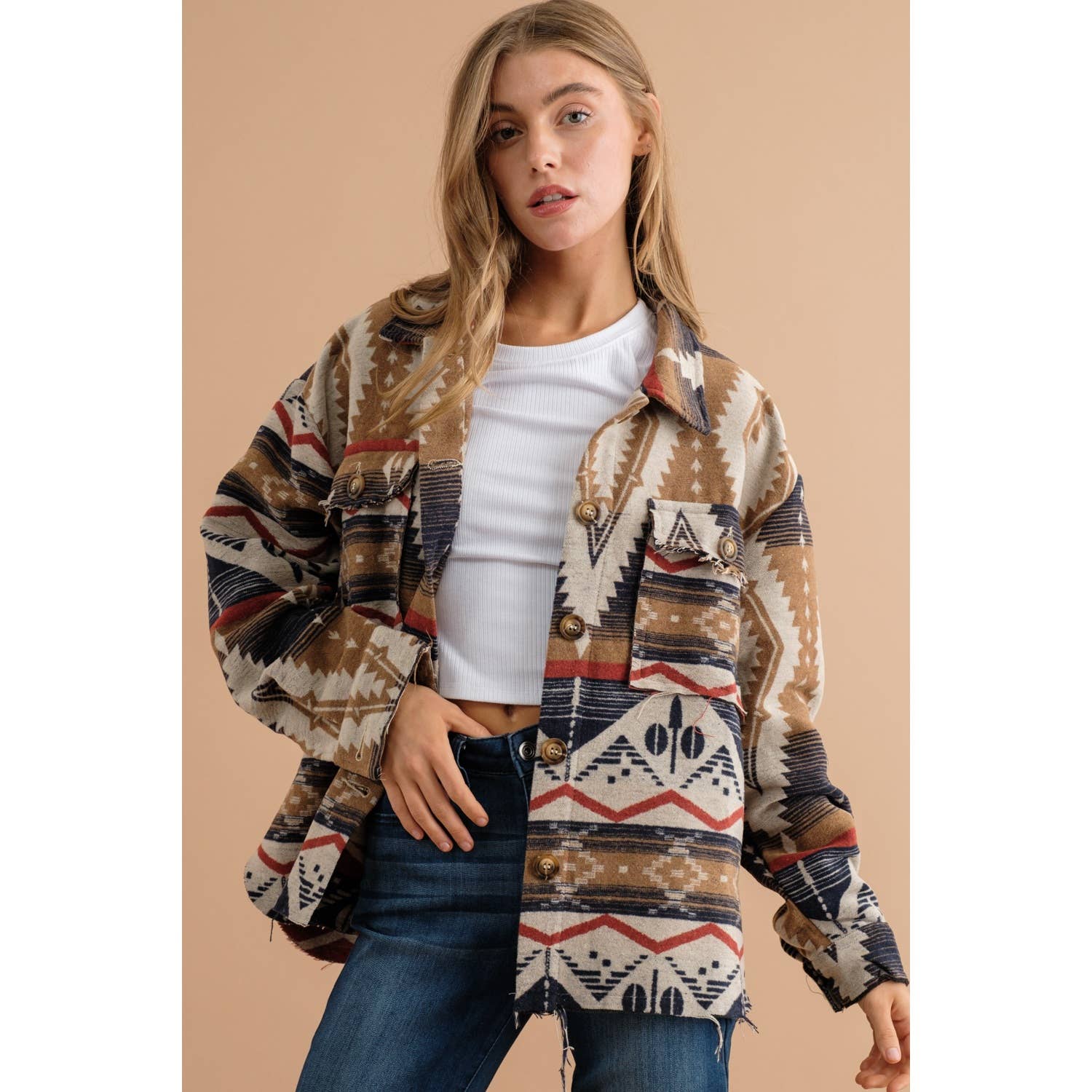 Sweet Generis – wholesale Shirt Jacket/Shacket - Women’s – TRIBAL AZTEC PATTERN BUTTON DOWN SHIRT JACKET9