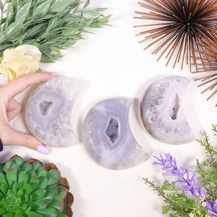 Large Agate Moon with Druze for wholesale by Natures Artifacts Inc