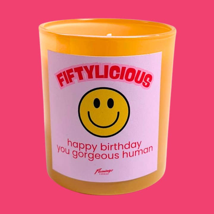 Fiftylicious 50. Geburtstagskerze für den Großhandel von Flamingo Candles