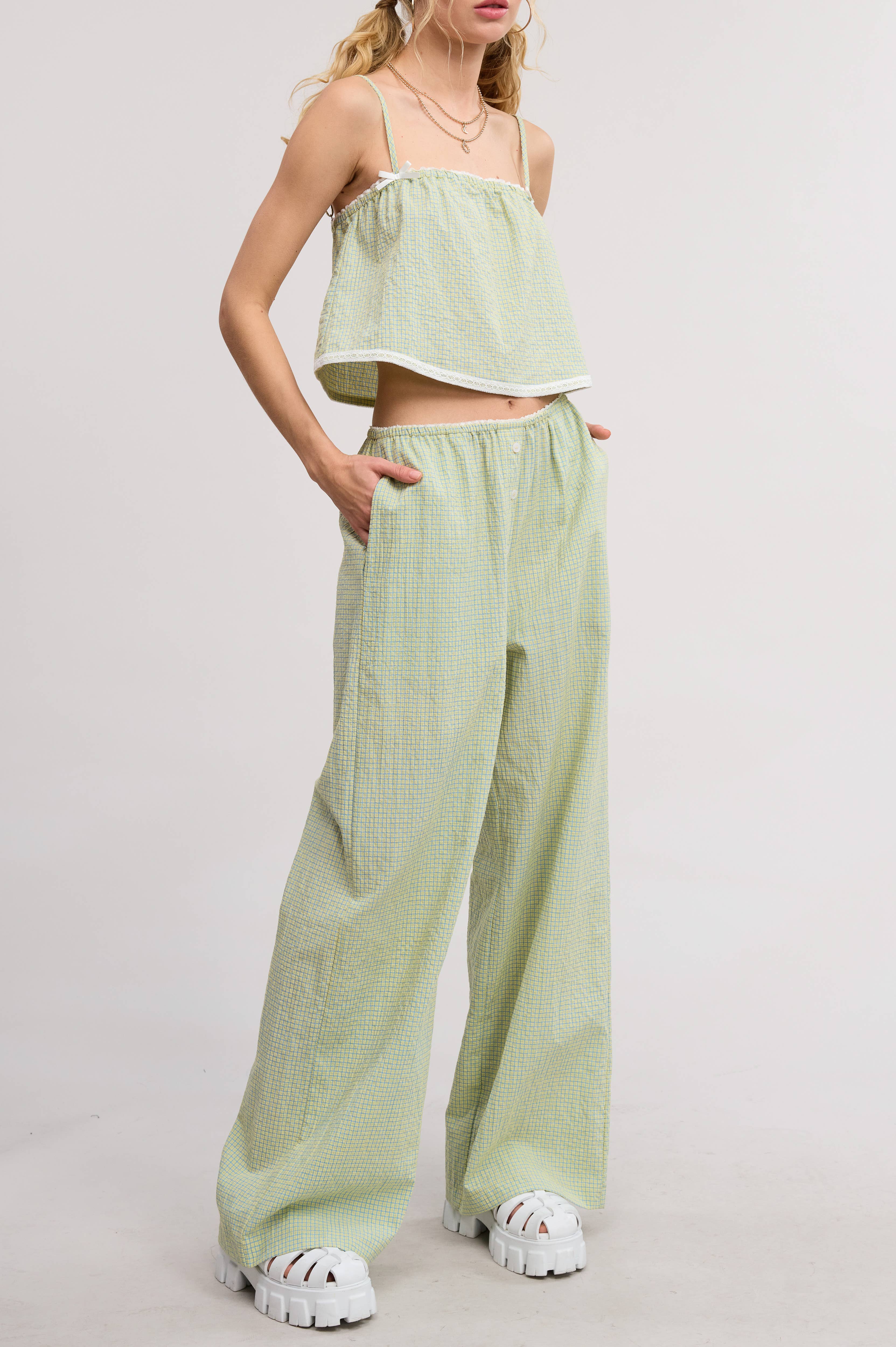 Mimosa - Wholesale Top & Pant Set (NOT Loungewear) - Women's - Plaid Lace Trim Tank and Pants Matching Set12