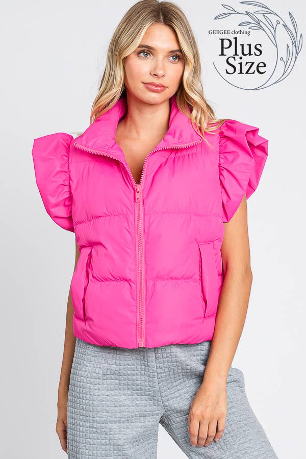 GeeGee x Lovelo - Wholesale Outerwear Vest - Women's - Plus Ruffled Sleeve Puffer Vest, MJ4501PL22