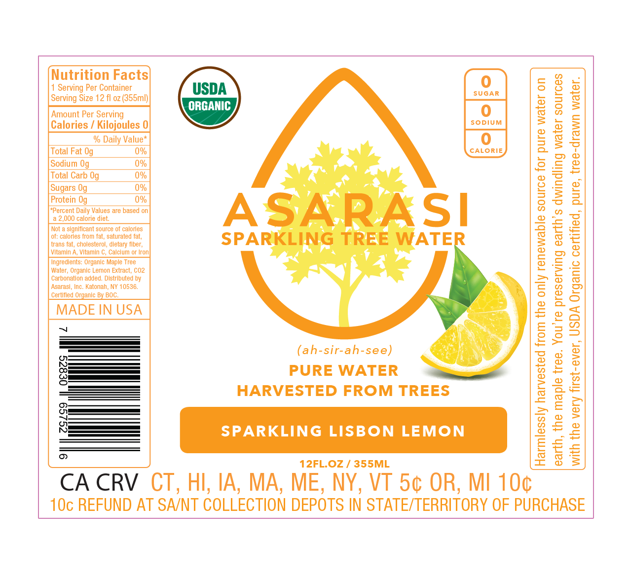 Asarasi Sparkling Tree Water - Wholesale Sparkling Water - 12-Pack Bottles - Asarasi Sparkling Tree Water, Lemon1