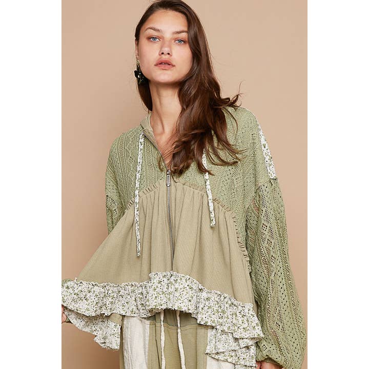 Pol Clothing - Wholesale Blouse - Women's - Crochet lace contrast ruffle front zipper top