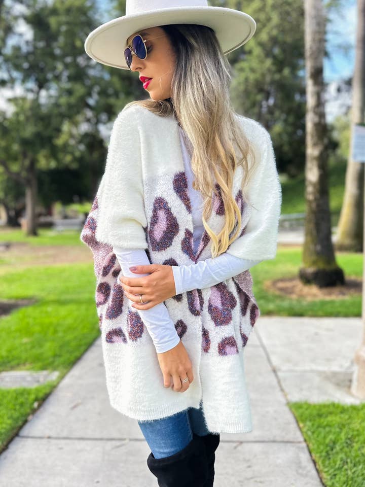 Ivory Leopard Printed Eyelash Fabric Knitted Ruana Cardigan for wholesale by AMOLI