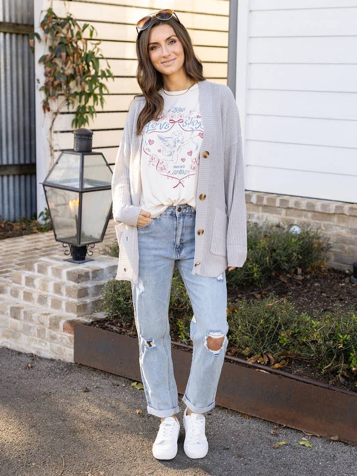 Lysegrå Oversized behagelig strikket cardigan i lysegrå for engroshandel på Faire1