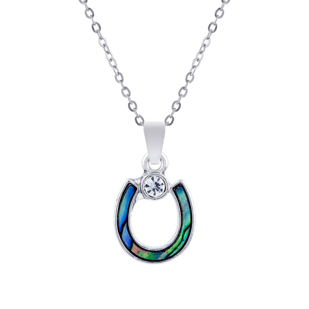 Byzantium Collection Ltd - Wholesale Pendant/Charm Necklace - Paua Shell Horse Shoe Necklace with Crystal, Rhodium Plated0