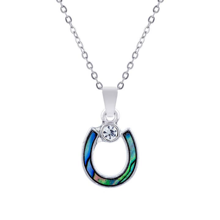 Byzantium Collection Ltd - Wholesale Pendant/Charm Necklace - Paua Shell Horse Shoe Necklace with Crystal, Rhodium Plated