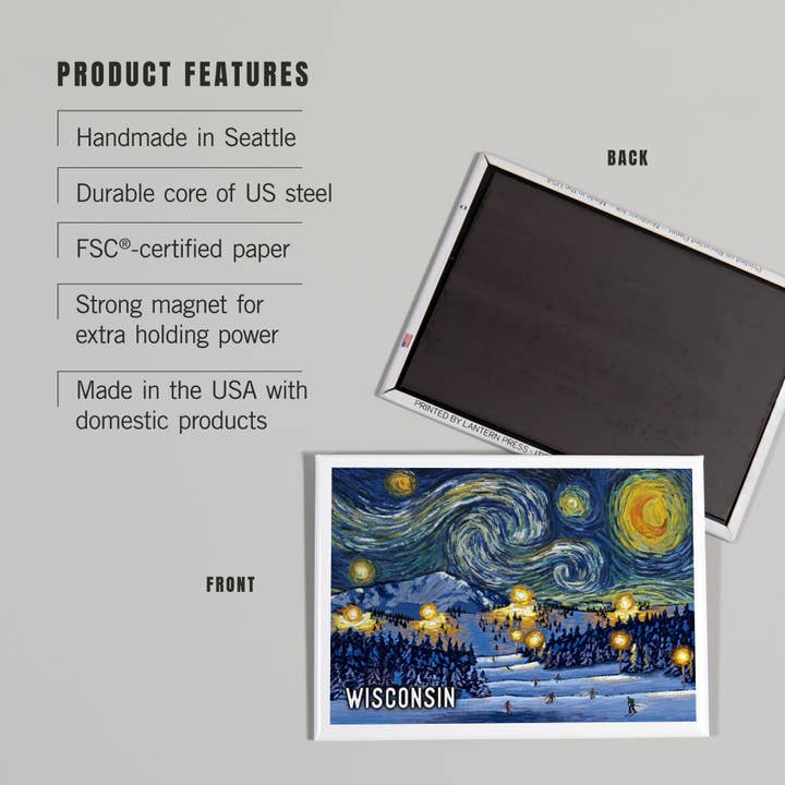 Lantern Press - Wholesale Magnet - MAGNET Wisconsin, Starry Night, Ski2