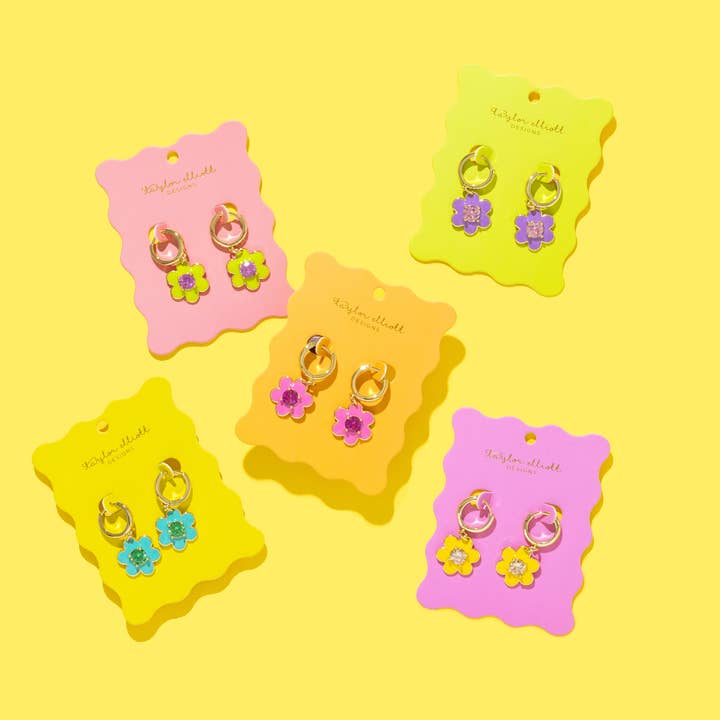 Taylor Elliott Designs - Wholesale Huggie Earrings - Huggie Earrings - Purple Flower w/ Pink Gem Dangles - Lucy