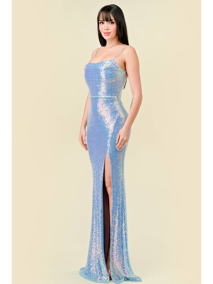 Lovesome - Venta al por mayor Vestido de fiesta - Mujer - CD30175: VESTIDO LARGO PLISADO DE LENTEJUELAS CON CUELLO VUELTO Y ESPALDA ABIERTA6