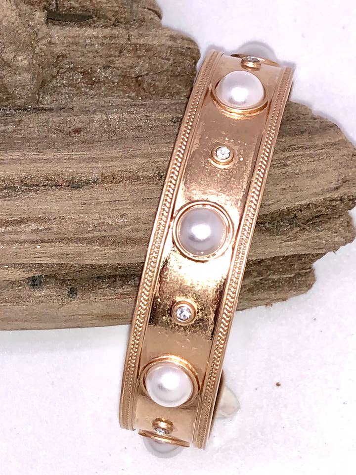 Bracelet Cuff Alloy Plated with Glass Pearl Dots 7-8” for wholesale by Rant & Rave Classic