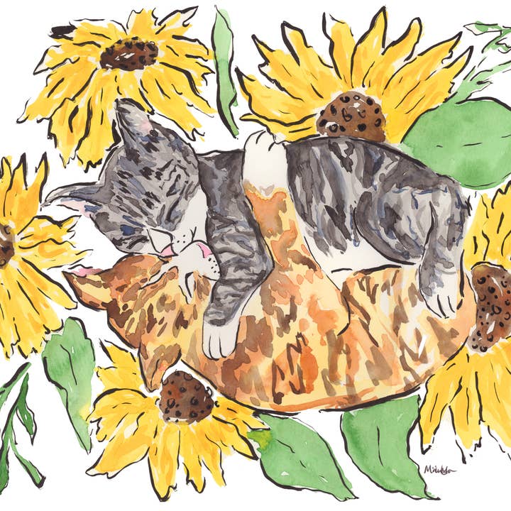 Meza Studios LLC - Wholesale Art Print - Sunflower Field Cats Hugging Home Décor2
