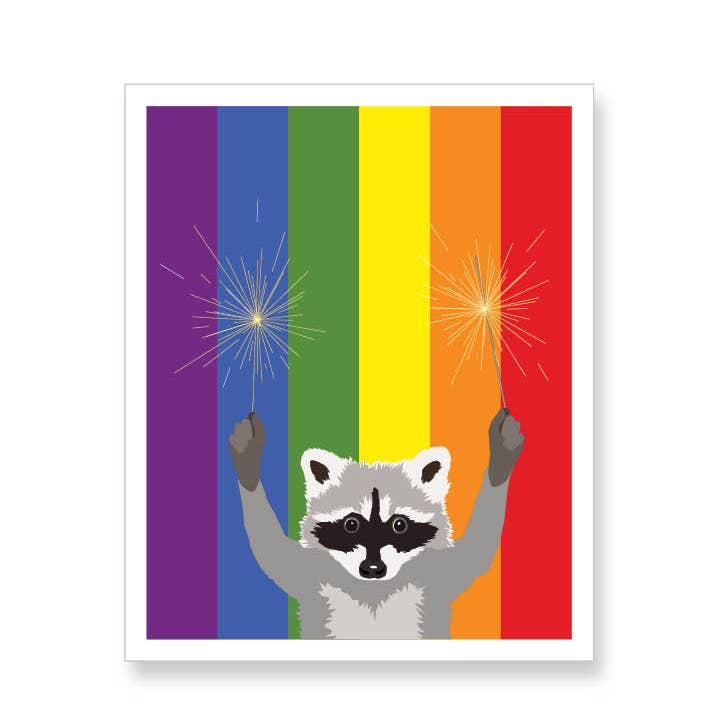 Adesivo de vinil Guaxinim com Sparklers Rainbow Flag por atacado de Apartment 2 Cards