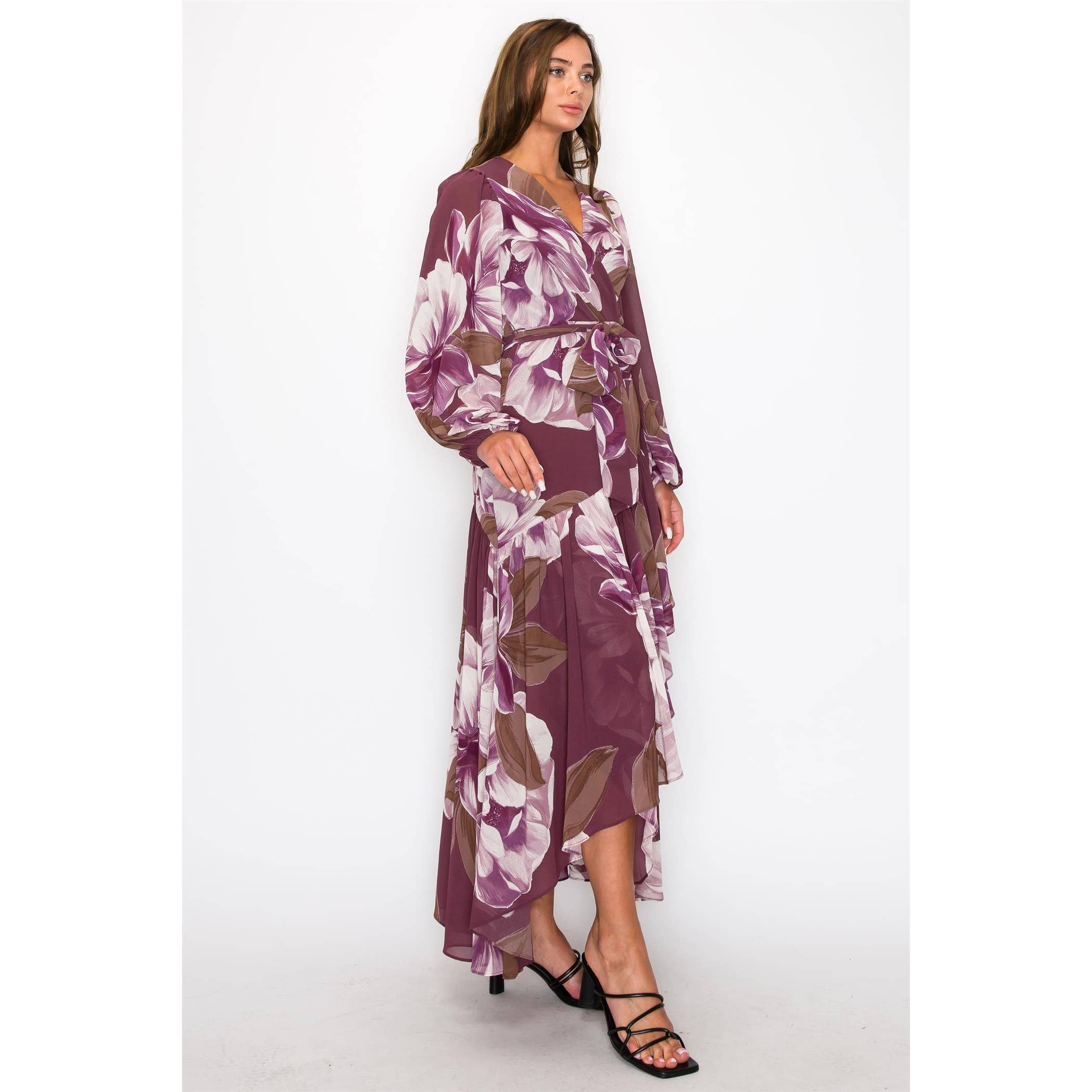 HYFVE - Wholesale Dress - Women's - CHIFFON FLORAL LONG SLEEVE WRAP V-NECK MAXI DRESS6