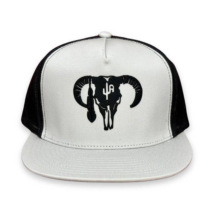 PVC "Hereford Skull" BLK - CA 6006 Silver/Black Mesh, Snapback Cap (2025) for wholesale by Cactus Alley Hat Co.