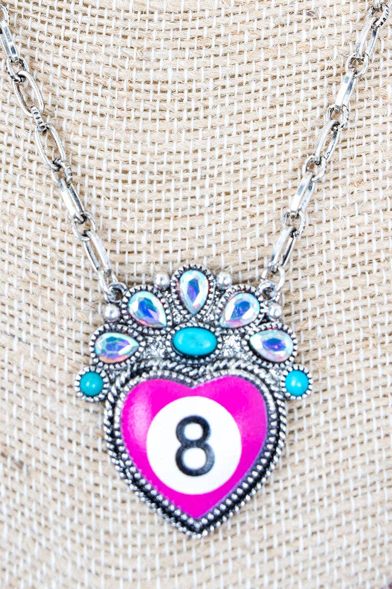 Wholesale Accessory Market - Wholesale Pendant/Charm Necklace - Rogue Shot Pink 8 Ball Heart Silvertone Necklace1