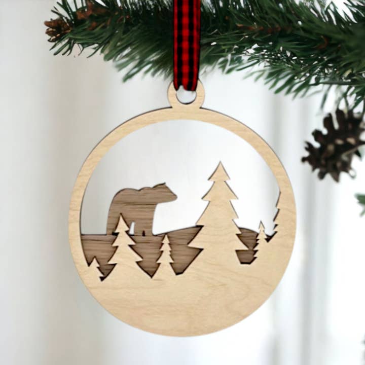 Mountain Wooden Bear Christmas Holiday Ornament for wholesale by Woodlander Workshop