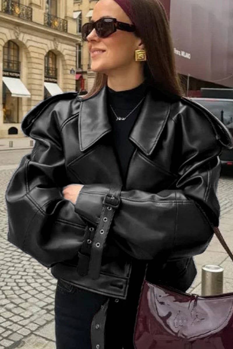 NINEXIS - Wholesale Coat - Women's - CWOCO1059_SOLID COLOR VINTAGE LAPEL LEATHER JACKET2