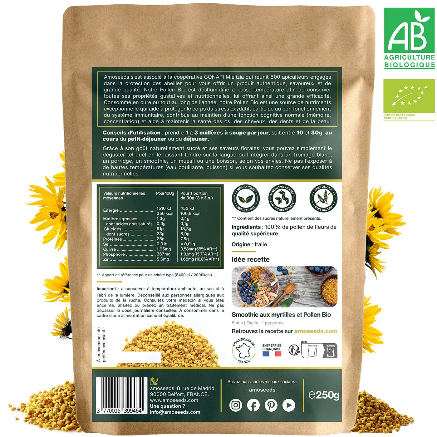 Amoseeds - Vente Poudres protéinées/superaliments - Pollen de Fleurs Bio 250G1