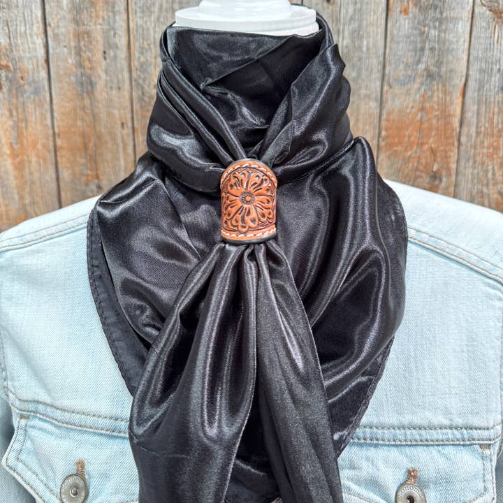 Rodeo Drive - Wholesale Scarf - Unisex - 35X35" Solid Black Wild Rag / Scarf - Tooled Leather Wild Rag Slides - Assorted2