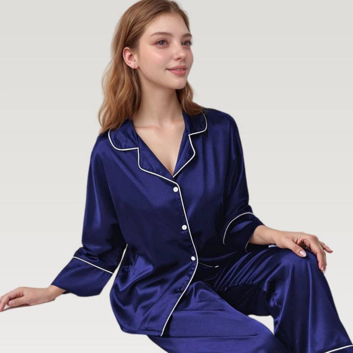 Anna Kaci Wholesale - Wholesale Sleepwear Set - Women's - Satin Pajama Set with Button-Up Long Sleeve Top and Wide Leg Pants with Contrast Trim17