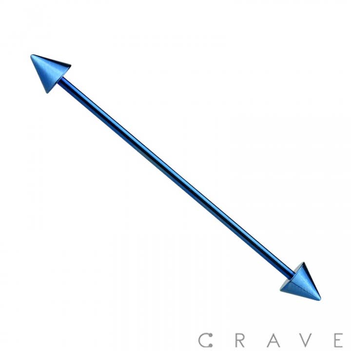BLUE PVD PLATED OVER 316L SS INDUSTRIAL BARBELL WITH SPIKES for wholesale by CRAVE