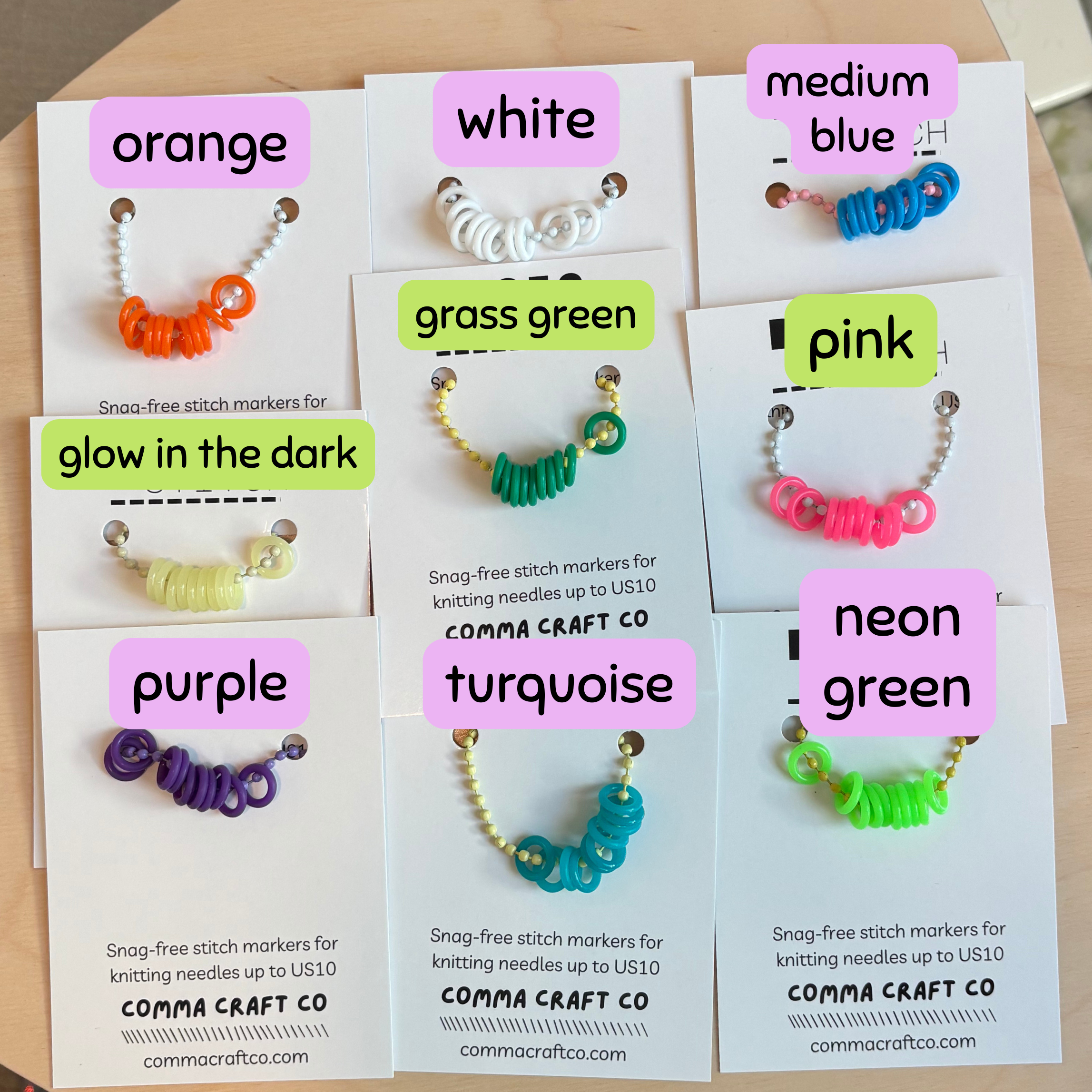 Comma Craft Co - Wholesale Knitting/Crochet Supplies - Basic Stitch Set - Neon Snag-Free Silicone Stitch Markers1